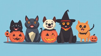 Obraz premium Halloween A group of cats and dogs are sitting in front of pumpkins