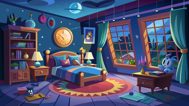 Looney Tunes style bedroom scene, colorful vector illustration perfect for kids&rsquo; stories, animations, or interior designs.