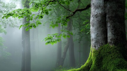 A peaceful forest sanctuary with towering trees, moss-covered branches, and soft green leaves creating a calm and restorative natural environment.