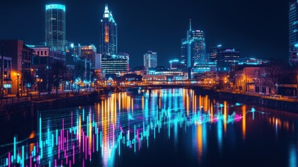 A nighttime view of Nashville's Broadway, with vibrant lights reflecting on the river. A forex hologram chart overlays the scene, showcasing digital trading activity.