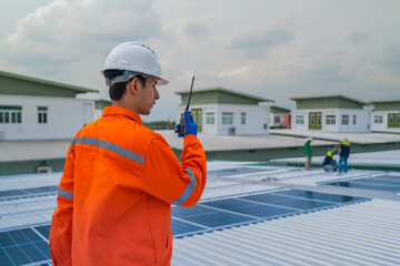 Worker Technicians are working to construct solar panels system on roof. Installing solar photovoltaic panel system. Men technicians walking on roof structure to check photovoltaic solar modules.
Impo