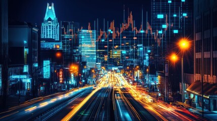 Obraz premium A panoramic view of Nashville illuminated Broadway with forex charts hovering in the night sky, capturing the fusion of internet trading and urban energy.