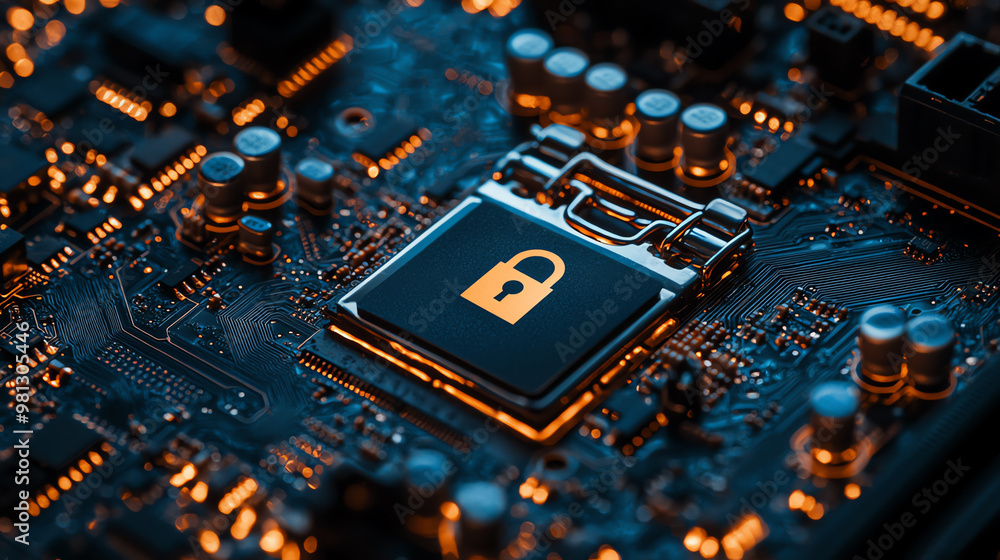 Poster a close-up of a microchip with a security lock symbol, highlighting technology and cybersecurity the