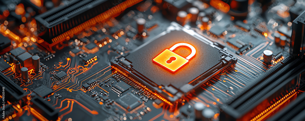 Aufkleber a close-up view of a circuit board featuring a padlock, symbolizing digital security and data protec