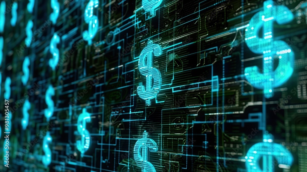 Poster Digital abstract dollar signs on technology circuit board background