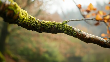 A rugged tree branch, thick with textures and moss, blending into the forest floor with subtle tones of brown, green, and muted gold.