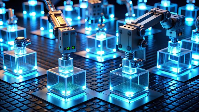 Microscopic robotic arms assemble glowing blue nanocubes on a futuristic laboratory surface, illustrating cutting-edge advancements in nanotechnology and precision engineering.