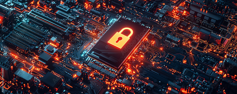 Poster aerial view of a digital circuit board featuring a lock symbol, representing cybersecurity and data 