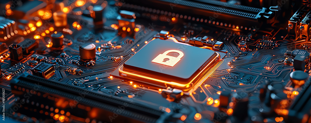 Poster close-up of a glowing microchip featuring a padlock symbol, symbolizing digital security and technol