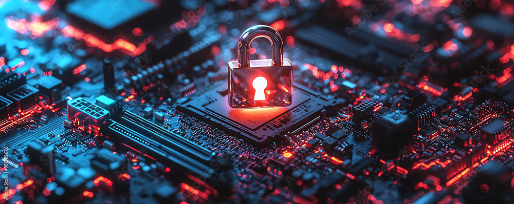 Poster close-up of a secure padlock on a digital circuit board, symbolizing cybersecurity and data protecti