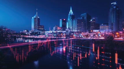 A scenic view of Nashville's Broadway over the river at night, illuminated by city lights