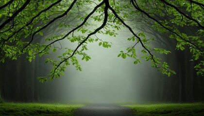 A serene woodland scene with moss-covered branches reaching out over a quiet pathway, with soft green leaves swaying gently in the breeze.