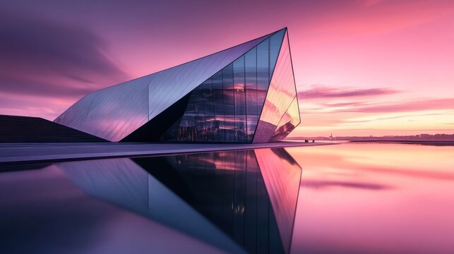 A sleek, modern building with a sharp, angular shape, resembling a giant crystal. The reflective glass surface catches the colors of the sky and the nearby water.