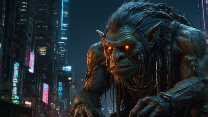 Fototapeta premium in the dimly lit cyberpunk cityscape a menaci image