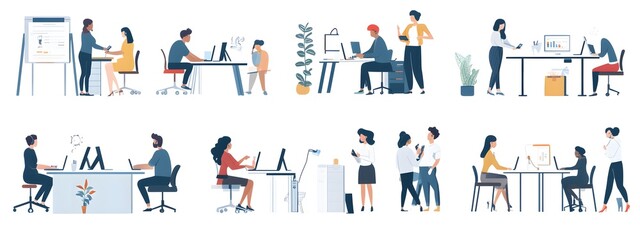 A set of flat illustrations depicting people in various work scenes, such as sitting at desks and standing up to dock their phones with charging cables, talking around the table or working on computer