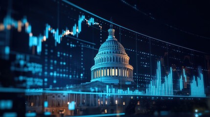 The Capitol Dome stands illuminated against the night sky, while a digital forex trading chart reflects financial data, blending politics and economics.