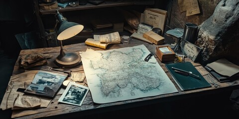 A desk with a map, papers, and tools.