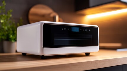 Fototapeta premium A sleek, modern toaster oven with digital controls sits on a wooden countertop in a contemporary kitchen, ideal for highlighting home appliances or cooking technology,