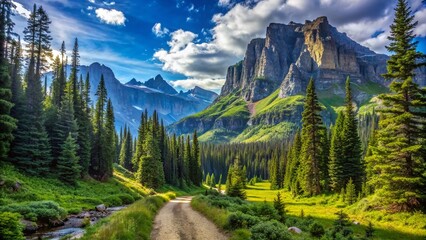 Serene wilderness landscape featuring a winding mountain trail surrounded by lush greenery, towering trees, and majestic rocky cliffs under a vibrant blue sky.