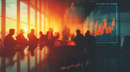 Business people meeting in conference room analyzing financial charts and graphs projected over cityscape at sunset