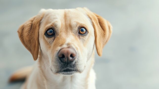 Close-up shot of a Labrador Retriever with light brown fur and expressive eyes, staring directly at the camera, capturing a curious and gentle expression.