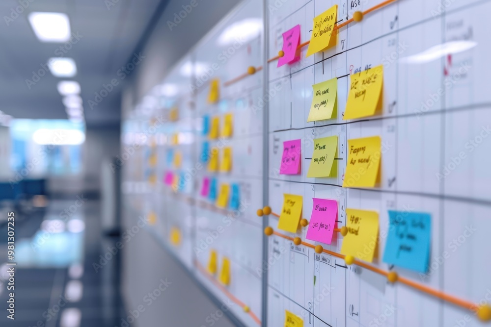 Aufkleber close-up of an office whiteboard covered in colorful sticky notes, used for project planning and sch