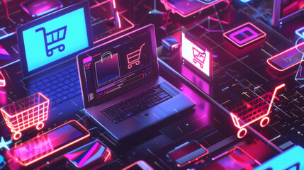 Neon Shopping Carts Displayed on Laptops for Online Sales