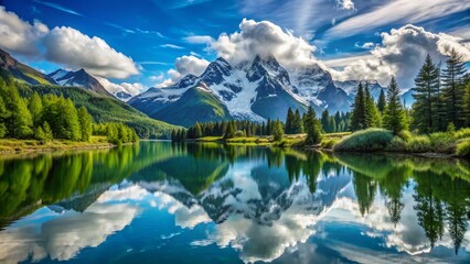 Serenely calm lake mirrors the majestic grandeur of snow-capped mountains, surrounded by lush greenery, under a vibrant blue sky with scattered white clouds.