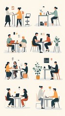 Obraz premium A set of flat illustrations depicting people in various work scenes, such as sitting at desks and standing up to dock their phones with charging cables, talking around the table or working on computer