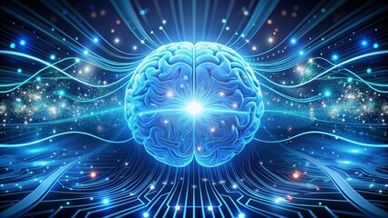 Futuristic neural network brain waves swirl around glowing blue circuits, symbolizing the rapid growth and innovative capabilities of artificial intelligence technology.