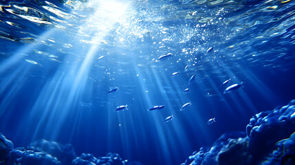 Sunlight Beams Through Ocean Water with Fish Swimming