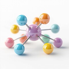 Fototapeta premium Detailed view of an abstract molecular model showcasing a central glossy purple sphere connected to various multicolored spheres by metal rods, symbolizing atomic bonds against a white backdrop.