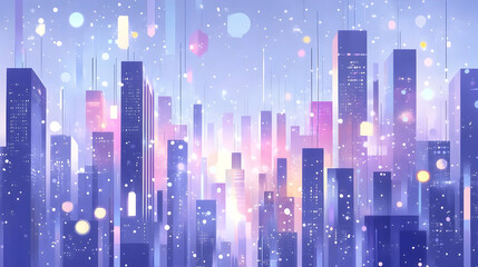 Cityscape with Falling Snow and Colorful Lights