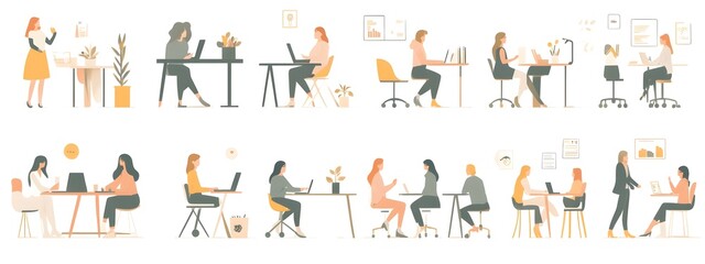 A set of flat illustrations depicting people in various work scenes, such as sitting at desks and standing up to dock their phones with charging cables, talking around the table or working on computer