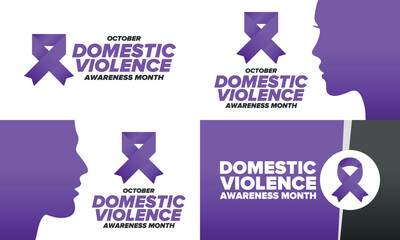Domestic Violence Awareness Month in October. Celebrate annual in United States. Awareness purple ribbon. Day of Unity. Prevention campaign. Stop women abuse. Poster, banner and background. Vector