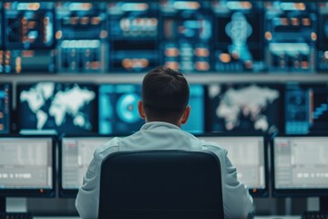 A man seated in a control room, monitoring multiple screens displaying global maps and data, focusing on information analysis and system control.