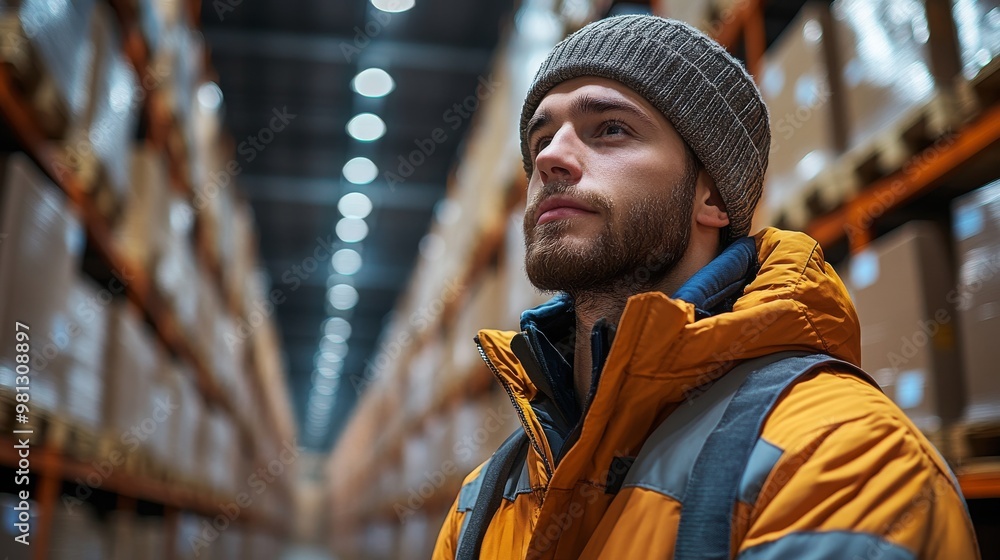 Poster exoskeleton enhancing worker comfort while operating in a warehouse environment during the day