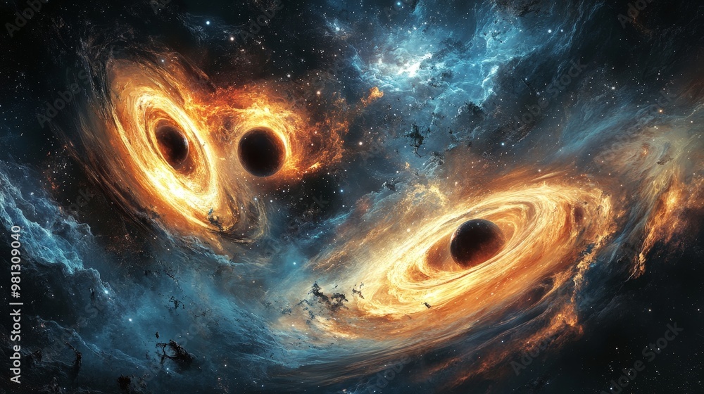Poster a cosmic scene depicting multiple black holes interacting in a cluster, creating complex gravitation