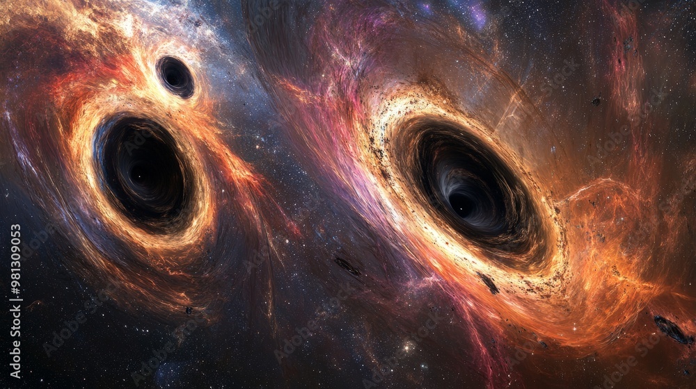 Poster a cosmic scene depicting multiple black holes interacting in a cluster, creating complex gravitation