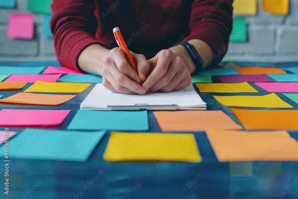 Poster a close-up of hands writing on a notepad with colorful sticky notes spread across the table, capturi
