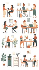 A set of flat illustrations depicting people in various work scenes, such as sitting at desks and standing up to dock their phones with charging cables, talking around the table or working on computer