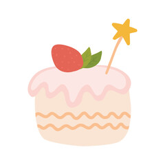 Birthday cake slices. Sweet holiday bakery pieces collection. Pastry chocolate fruit, berry dessert with candles for breakfast. Vector hand drawn flat carton