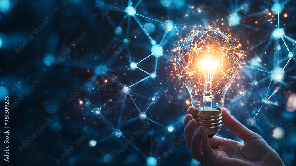 Poster innovative technology: a lightbulb with a network of connections in a hand, symbolizing creativity