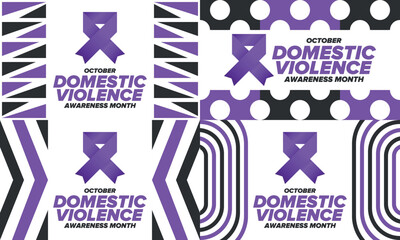 Domestic Violence Awareness Month in October. Celebrate annual in United States. Awareness purple ribbon. Day of Unity. Prevention campaign. Stop women abuse. Poster, banner and background. Vector