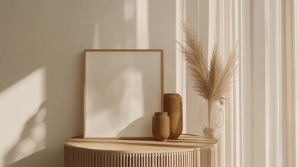 A white picture frame is elegantly leaning on a sleek side table, nestled in a modern living room featuring grey and gold accents and illuminated by gentle daylight