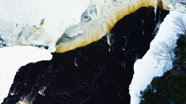 Straightdown Aerial Flyover Flowing Winter Waterfall