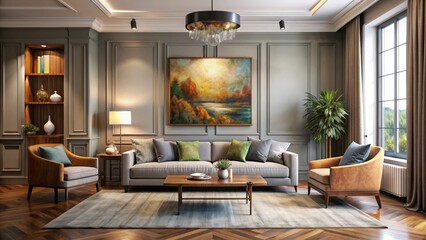 Detailed render of artistic painting in stylish living room, artistic, painting, render, detailed, stylish
