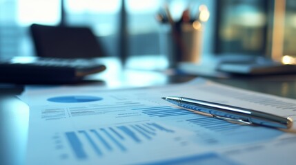 A desk with a yellow cup, a calculator, a pen, and a stack of papers