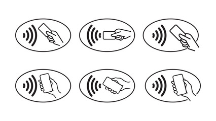 NFC Wireless Payment Technology Icons: RFID Cards, Access Control, Contactless Transactions, Smartphone and Mobile Payment Solutions