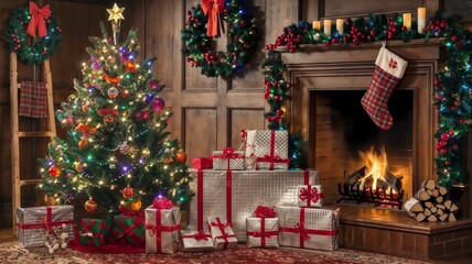 Fototapeta premium A cozy Christmas scene with a decorated tree, wrapped presents, a lit fireplace, and a hanging stocking by the mantle